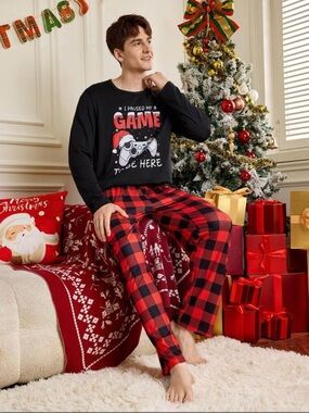 SHEIN Black Graphic Long Sleeve Top with Red & Black Buffalo Plaid Pants